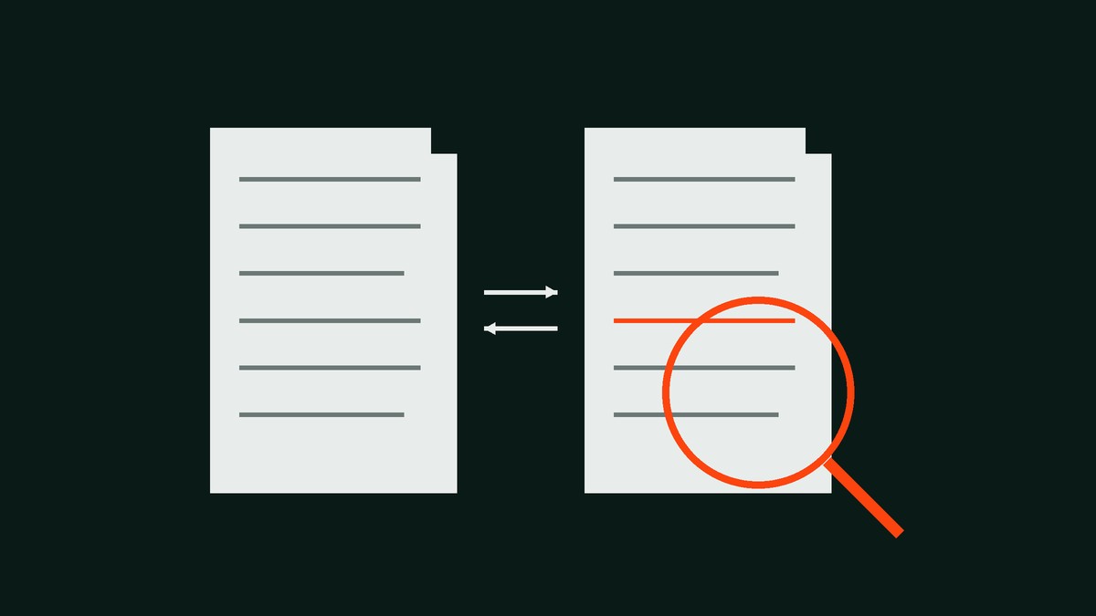 Illustration de deux documents comparés à la loupe, un écart mis en évidence