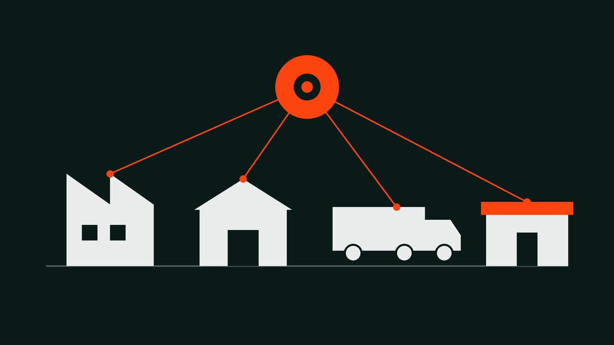 Illustration d'une chaîne logistique reliée à un nœud d'IA : usine, entrepôt, transport et magasin