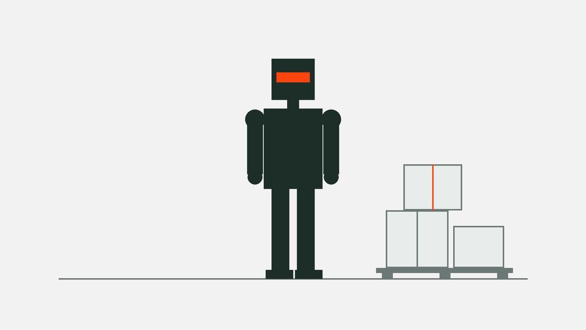 Illustration d'un robot humanoïde devant des colis sur palette en entrepôt
